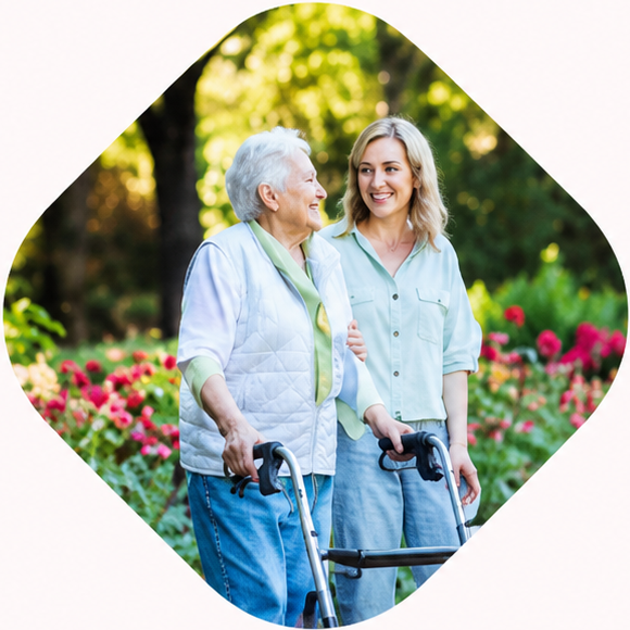 Une femme âgée utilisant un déambulateur, accompagnée par une aide à domicile dans un jardin.